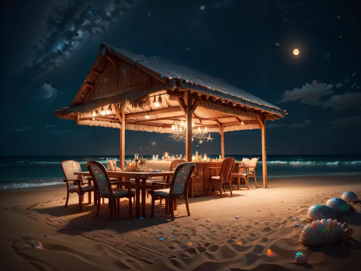 (((award winning photo))) A picture of a beach house covered with opals at night on a Caribbean sandy beach covered in shells and opals of different colors with crystal clear water. In front of the beach house there is a table with 2 chairs. The table is romantically set. The sky is full of stars and the picture is illuminated by the moonlight at the entrance There are 2 torches in the beach house that illuminate the table,(sharp focus:1.2),DOF,(masterpiece, best quality),(sharp focus:1.2),(photorealistic),(intricate details),unity 8k wallpaper,ultra detailed,ral-opal, <lora:ral-opal:1>