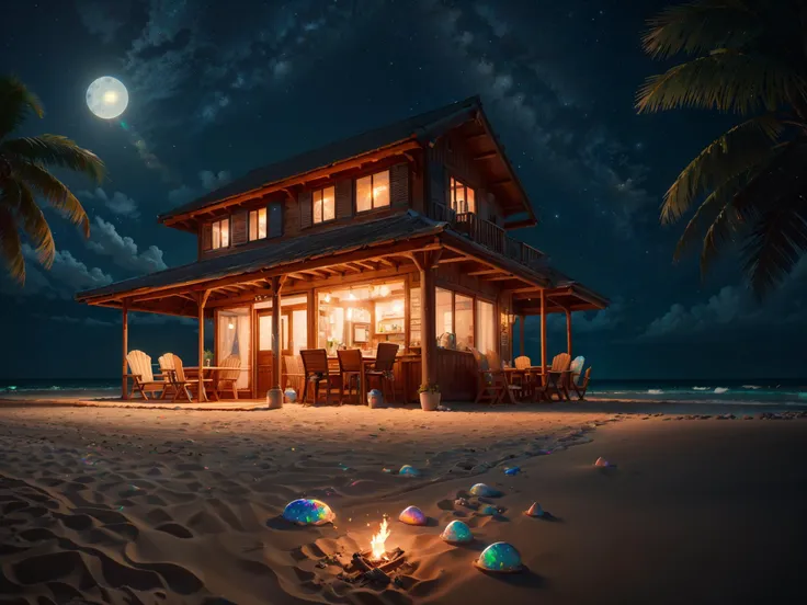 (((award winning photo))) A picture of a beach house covered with opals at night on a Caribbean sandy beach covered in shells and opals of different colors with crystal clear water. In front of the beach house there is a table with 2 chairs. The table is romantically set. The sky is full of stars and the picture is illuminated by the moonlight at the entrance There are 2 torches in the beach house that illuminate the table,(sharp focus:1.2),DOF,(masterpiece, best quality),(sharp focus:1.2),(photorealistic),(intricate details),unity 8k wallpaper,ultra detailed,ral-opal, <lora:ral-opal:1>