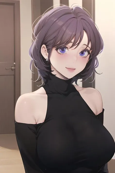 <lora:MoJeong_BNW:1> mojeongdef, purple hair, purple eyes, short hair
portrait, close-half, black dress, bare shoulders, bangs, smile, large breasts, turtleneck, mature female, 
masterpiece, best quality,