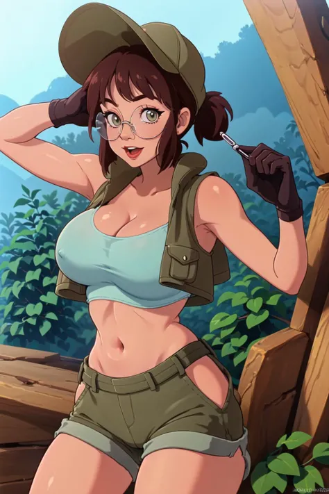 FioGermiWaifu, (shorts, crop top, gloves, round eyewear, vest, baseball cap), in jungle, sexy pose, (smile:0.5), curvy, <lora:GioFermi_Character-10:0.8>
