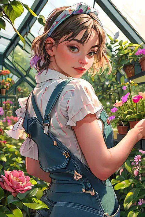DEN_karmaroused_OF,
(in a giant glass green house filled with exotic flowers and plants wearing overalls and a bandana walking through the flowers, arboretum, green house, glass, plants, flowers:1.2),
bokeh, f1.4, 40mm, photorealistic, raw, 8k, textured skin, skin pores, intricate details <lora:epi_noiseoffset2:1>, epiCRealism <lora:ClothingAdjuster3:-1>
