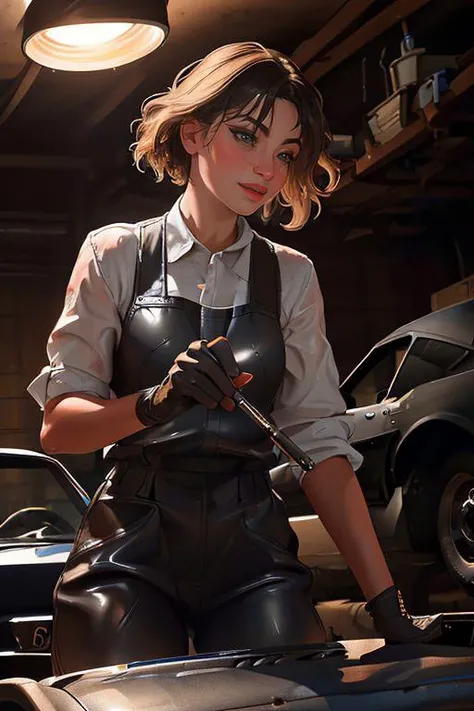 DEN_karmaroused_OF,
(working in a garage on a mustang car engine covered in oil and dirt wearing a dirty jumpsuit, mechanic, working on a car, engine:1.2),
bokeh, f1.4, 40mm, photorealistic, raw, 8k, textured skin, skin pores, intricate details <lora:epi_noiseoffset2:1>, epiCRealism <lora:ClothingAdjuster3:-1>