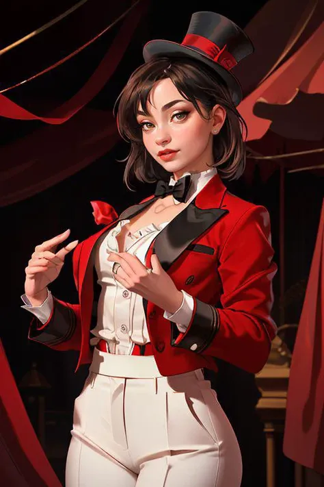 DEN_karmaroused_OF,
(performing in a (circus:1.2) wearing a red and black (blazer:1.1) and white (shirt:1.1) and cream (trousers:1.1) and black bow tie and (top hat:1.1), ring leader, circus:1.2),
bokeh, f1.4, 40mm, photorealistic, raw, 8k, textured skin, skin pores, intricate details <lora:epi_noiseoffset2:1>, epiCRealism