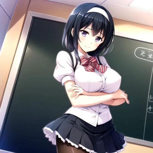 1girl,looking at viewer,smile,purple eyes,short sleeves,pantyhose,cowboy shot,pleated skirt,hairband,puffy sleeves,bowtie,bracelet,black pantyhose,crossed arms,classroom,<lora:Squeez_Style:0.7>,