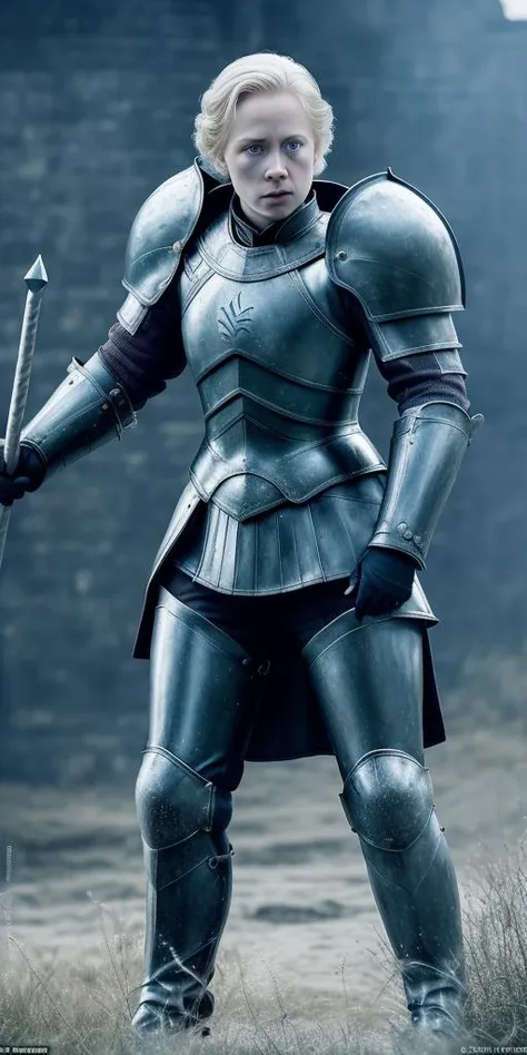 masterpiece, 40 years old sks woman as brienne of tarth from game of thrones wearing her deep blue cobalt dented steel armor with mail <lora:gwendolineChristie_v10:1.4>, battle stance, seven feet tall, huge,