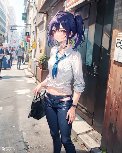 masterpiece,absurdres,1girl, <lora:BikiniJeansV1:1.35>,bikini_jeans,school uniform, standing,outdoors,