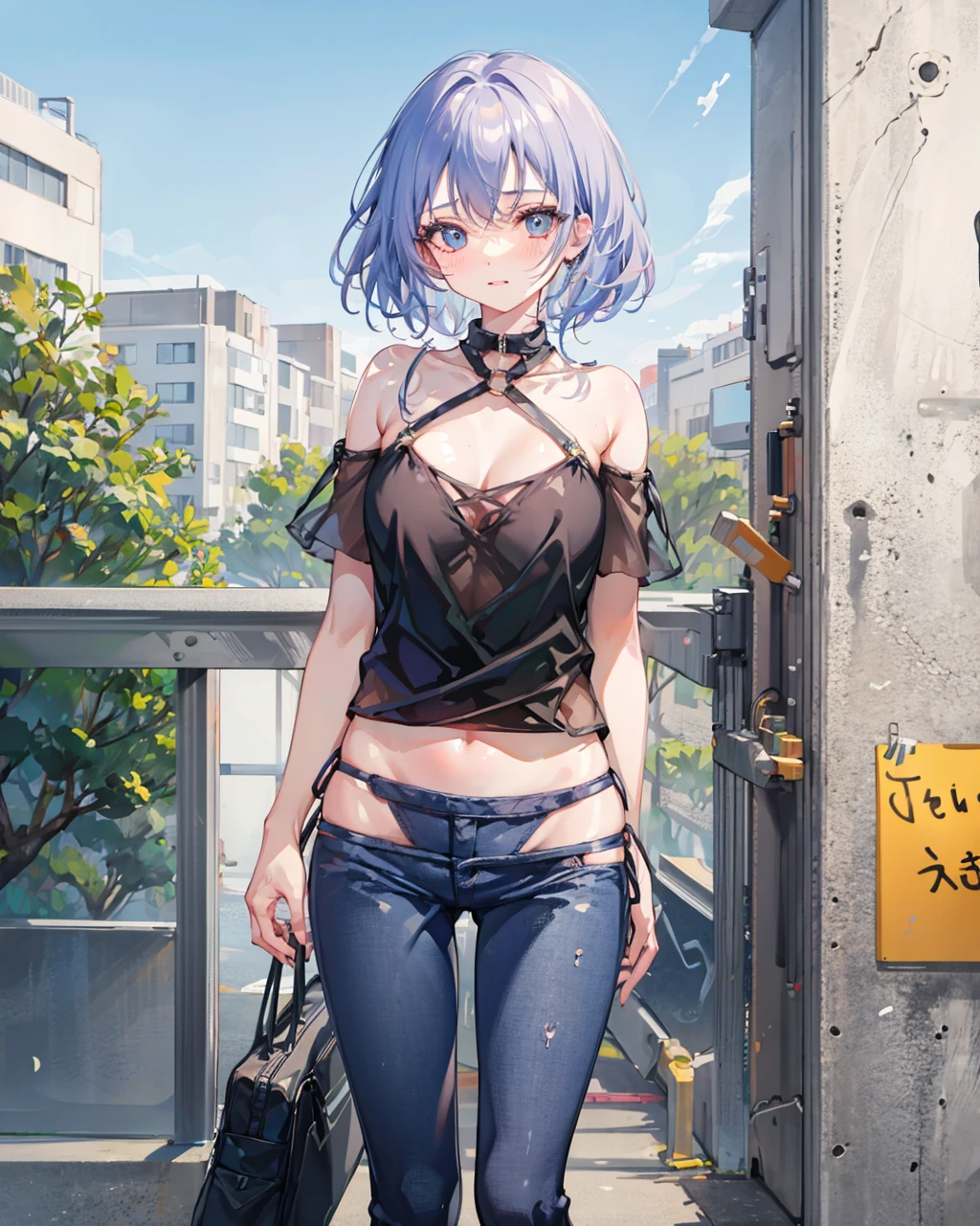 masterpiece,absurdres,1girl, <lora:BikiniJeansV1:1.3>,bikini_jeans,o-ring, standing,outdoors,
