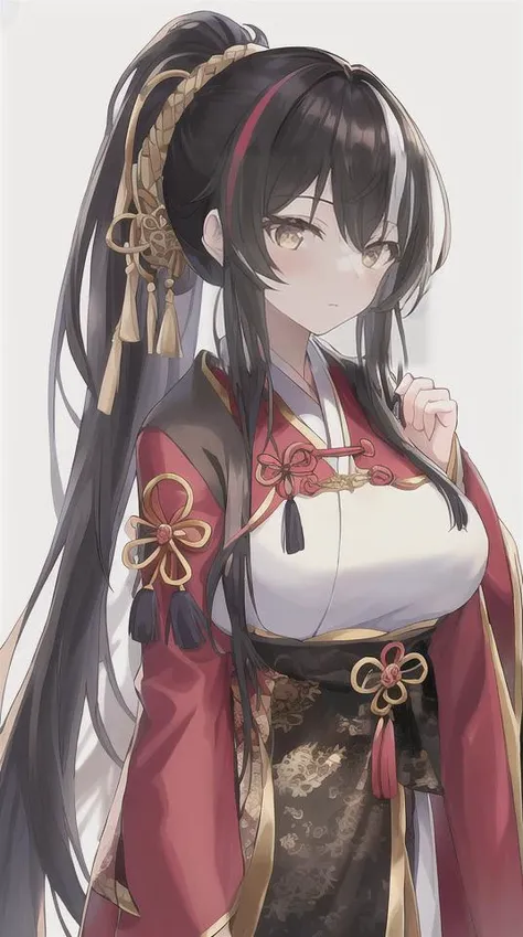 1girl,streaked hair,high ponytail,hanfu, ming style outfits,<lora:hanfuMing_v31:0.7>,long coat,mamian skirt,overlapping collar,woven gold,full_shot,, masterpiece,best quality,extreme detailed,