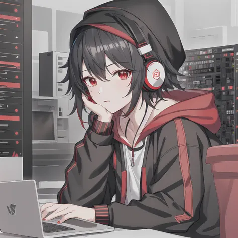 (((guy))), male, dude, (using a laptop), (((in a server room))), highly detailed, trending on artstation, listening to music, red headphones, black hoodie, beanie, programming, (red eyes), ((red and black color pallet)), (very short black hair with red highlights), intricate