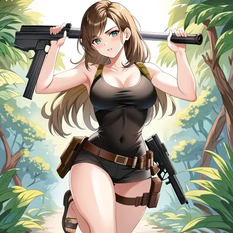 masterpiece, best quality, detailed face, detailed eyes, full body, Emma Watson as Lara Croft running in the Jungle. with guns on hand, 1girl