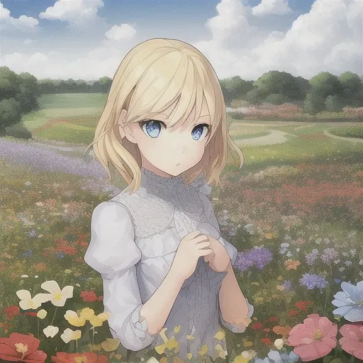 1girl, blonde hair, blue eyes, beautiful eyes, detail, flower meadow, cumulonimbus clouds, lighting, detailed sky, garden