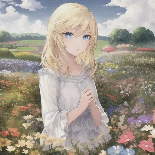 1girl, blonde hair, blue eyes, beautiful eyes, detail, flower meadow, cumulonimbus clouds, lighting, detailed sky, garden