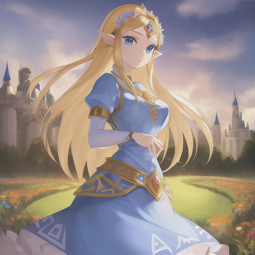 1girl, Princess Zelda, blonde hair, blue eyes, beautiful eyes, ornate clothing, crown, detail, flower meadow, cumulonimbus clouds, castle, lighting, detailed sky, garden