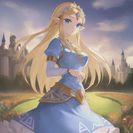 1girl, Princess Zelda, blonde hair, blue eyes, beautiful eyes, ornate clothing, crown, detail, flower meadow, cumulonimbus clouds, castle, lighting, detailed sky, garden