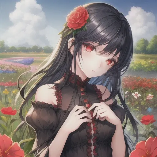 1girl, black hair, red eyes, beautiful eyes, detail, flower meadow, cumulonimbus clouds, lighting, detailed sky, garden