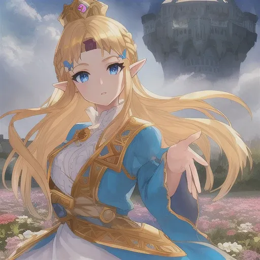 1girl, Princess Zelda, blonde hair, blue eyes, beautiful eyes, ornate clothing, crown, detail, flower meadow, cumulonimbus clouds, castle, lighting, detailed sky, garden