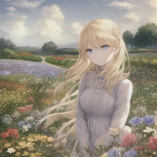 1girl, blonde hair, blue eyes, beautiful eyes, detail, flower meadow, cumulonimbus clouds, lighting, detailed sky, garden