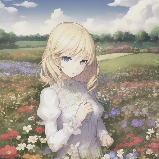 1girl, blonde hair, blue eyes, beautiful eyes, detail, flower meadow, cumulonimbus clouds, lighting, detailed sky, garden