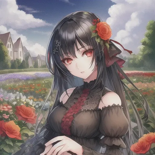 1girl, black hair, red eyes, beautiful eyes, detail, flower meadow, cumulonimbus clouds, lighting, detailed sky, garden