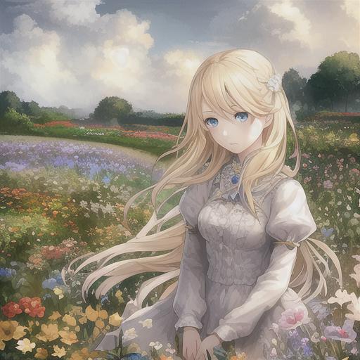 Anime girl in a field of flowers with a basket of flowers - SeaArt AI