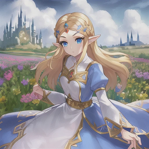 1girl, Princess Zelda, blonde hair, blue eyes, beautiful eyes, ornate clothing, crown, detail, flower meadow, cumulonimbus clouds, castle, lighting, detailed sky, garden