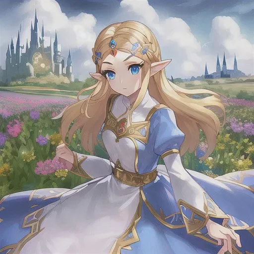 1girl, Princess Zelda, blonde hair, blue eyes, beautiful eyes, ornate clothing, crown, detail, flower meadow, cumulonimbus clouds, castle, lighting, detailed sky, garden