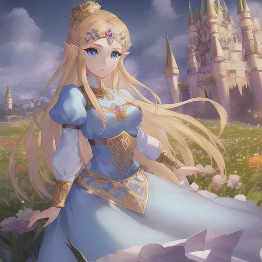 1girl, Princess Zelda, blonde hair, blue eyes, beautiful eyes, ornate clothing, crown, detail, flower meadow, cumulonimbus clouds, castle, lighting, detailed sky, garden