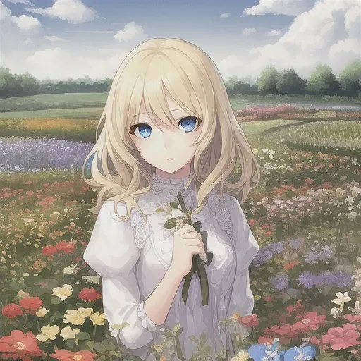 1girl, blonde hair, blue eyes, beautiful eyes, detail, flower meadow, cumulonimbus clouds, lighting, detailed sky, garden