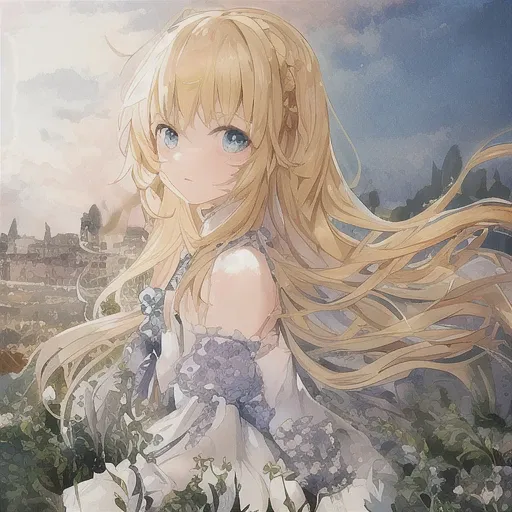 1girl, blonde hair, blue eyes, beautiful eyes, detail, flower meadow, cumulonimbus clouds, lighting, detailed sky, garden