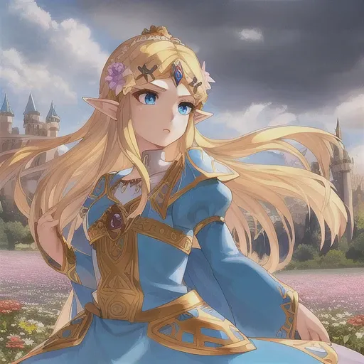 1girl, Princess Zelda, blonde hair, blue eyes, beautiful eyes, ornate clothing, crown, detail, flower meadow, cumulonimbus clouds, castle, lighting, detailed sky, garden