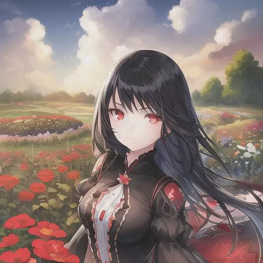 1girl, black hair, red eyes, beautiful eyes, detail, flower meadow, cumulonimbus clouds, lighting, detailed sky, garden