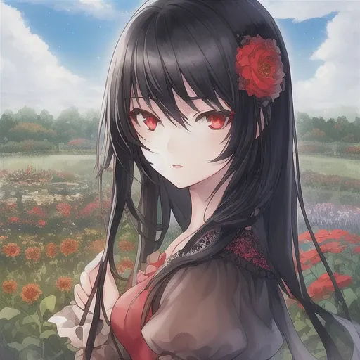 1girl, black hair, red eyes, beautiful eyes, detail, flower meadow, cumulonimbus clouds, lighting, detailed sky, garden
