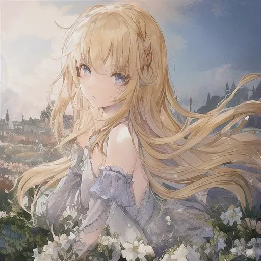 1girl, blonde hair, blue eyes, beautiful eyes, detail, flower meadow, cumulonimbus clouds, lighting, detailed sky, garden