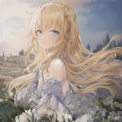 1girl, blonde hair, blue eyes, beautiful eyes, detail, flower meadow, cumulonimbus clouds, lighting, detailed sky, garden