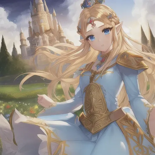 1girl, Princess Zelda, blonde hair, blue eyes, beautiful eyes, ornate clothing, crown, detail, flower meadow, cumulonimbus clouds, castle, lighting, detailed sky, garden