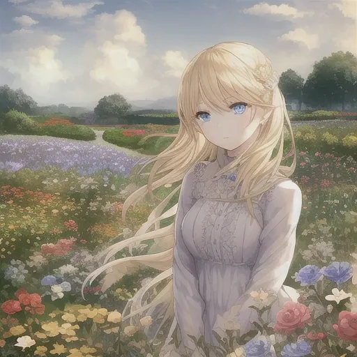 1girl, blonde hair, blue eyes, beautiful eyes, detail, flower meadow, cumulonimbus clouds, lighting, detailed sky, garden