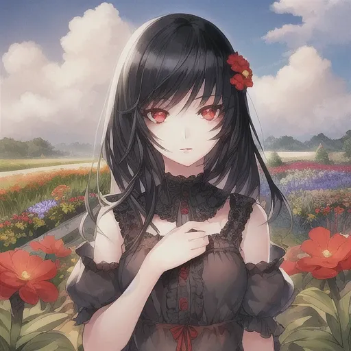 1girl, black hair, red eyes, beautiful eyes, detail, flower meadow, cumulonimbus clouds, lighting, detailed sky, garden