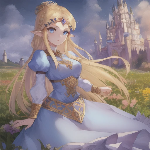 1girl, Princess Zelda, blonde hair, blue eyes, beautiful eyes, ornate clothing, crown, detail, flower meadow, cumulonimbus clouds, castle, lighting, detailed sky, garden