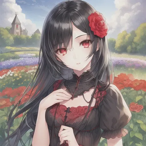 1girl, black hair, red eyes, beautiful eyes, detail, flower meadow, cumulonimbus clouds, lighting, detailed sky, garden
