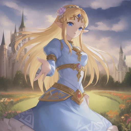 1girl, Princess Zelda, blonde hair, blue eyes, beautiful eyes, ornate clothing, crown, detail, flower meadow, cumulonimbus clouds, castle, lighting, detailed sky, garden