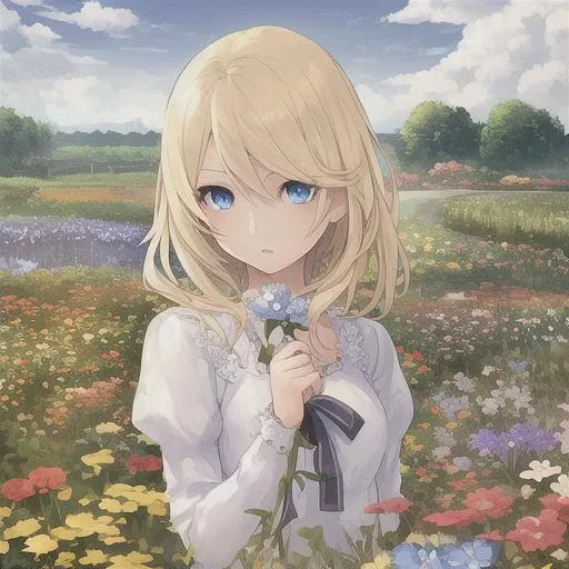 1girl, blonde hair, blue eyes, beautiful eyes, detail, flower meadow, cumulonimbus clouds, lighting, detailed sky, garden