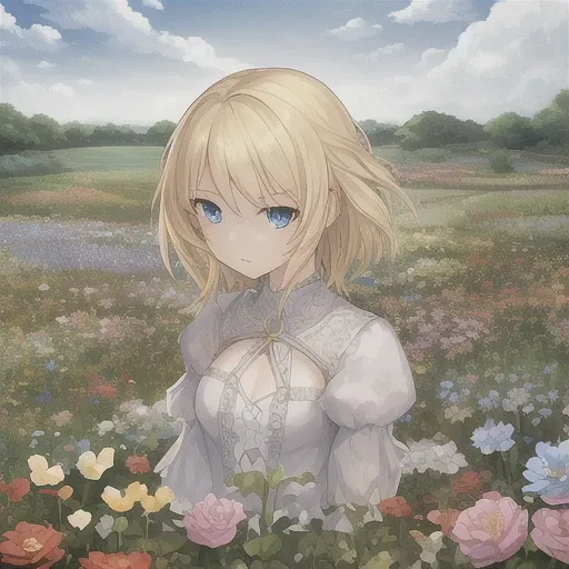 1girl, blonde hair, blue eyes, beautiful eyes, detail, flower meadow, cumulonimbus clouds, lighting, detailed sky, garden
