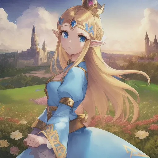 1girl, Princess Zelda, blonde hair, blue eyes, beautiful eyes, ornate clothing, crown, detail, flower meadow, cumulonimbus clouds, castle, lighting, detailed sky, garden