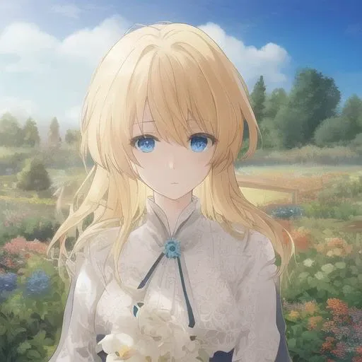blonde hair, blue eyes, beautiful eyes, detail, flower meadow, <lora:violetEvergarden_v10:1>,cumulonimbus clouds, lighting, detailed sky, garden