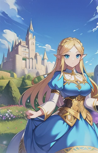 1girl, Princess Zelda, blonde hair, blue eyes, beautiful eyes, ornate clothing, crown, detail, flower meadow, cumulonimbus clouds, castle, lighting, detailed sky, garden
<lora:princessZeldaLora_v1:0.5> <lora:提裙子:1>