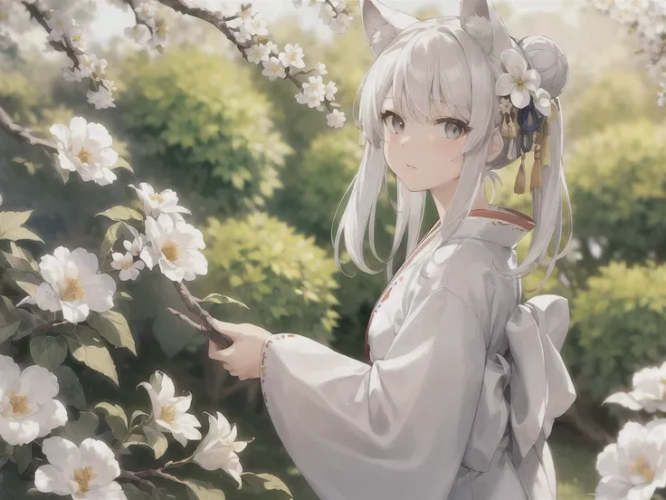 ((masterpiece,best quality))1girl, white lion ears, looking at viewer, bangs, gray eyes, blurry background, branch, white hair, double hair bun, flower, from side, hair flower, hair ornament, japanese clothes, white kimono, kimono ribbon, (kimono ribbon:1.3), flower, obi, outdoors, sash, solo, sunlight, upper body