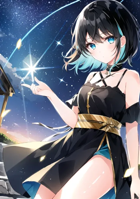 1girl, black hair, short hair, multicolored eyes, aqua eyes, sad, ancient greece, warm colors, night, warm colors, fireflies, shooting stars, lens flare, masterpiece, best quality, high quality, multicolored eyes, ((old)), aged up, old woman