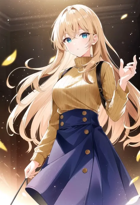 1woman, blond and brown hair, mid hair, green eyes, multicolored eyes, expressionless, red sweater, warm colors, dark blue large trousers, a white room in background, yellow light, blurry background, warm colors, fireflies, lens flare, masterpiece, best quality, high quality, professional novel illustration, large breasts, happy