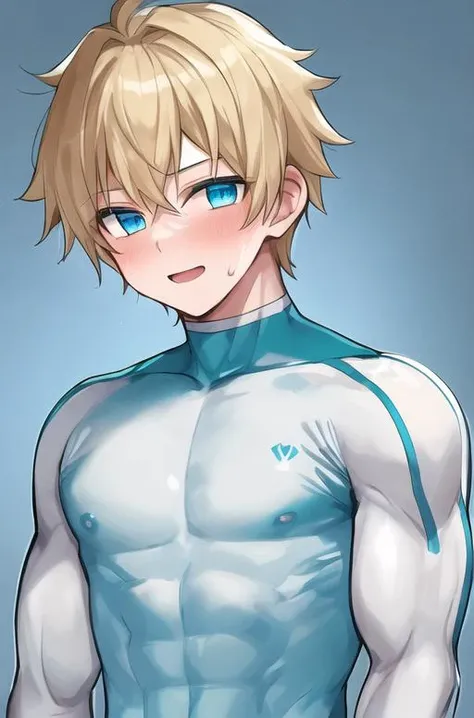 1boy, teen bodybuilder, pale, medium white-blond hair, muscular, turquoise eyes, sweating, happy, light blue compression shirt