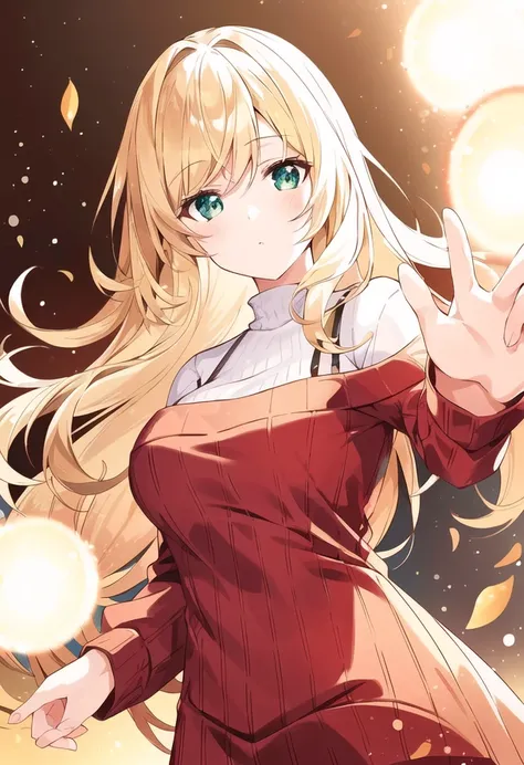1woman, blond and brown hair, mid hair, green eyes, multicolored eyes, expressionless, red sweater, warm colors, a white room in background, yellow light, blurry background, warm colors, fireflies, lens flare, masterpiece, best quality, high quality, professional novel illustration, large breasts
